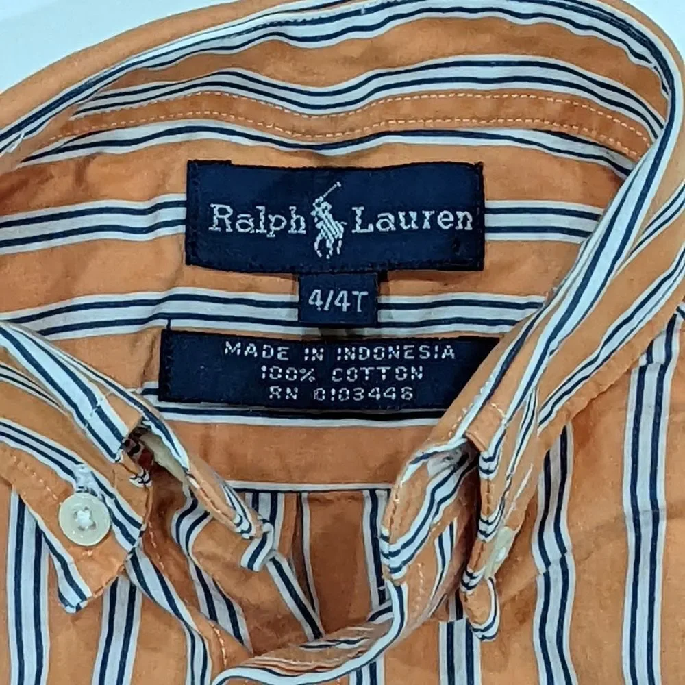 Ralph Lauren Orange White Striped Button Down Up Oxford Church Shirt Boys Size 4